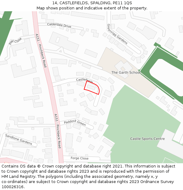 14, CASTLEFIELDS, SPALDING, PE11 1QS: Location map and indicative extent of plot