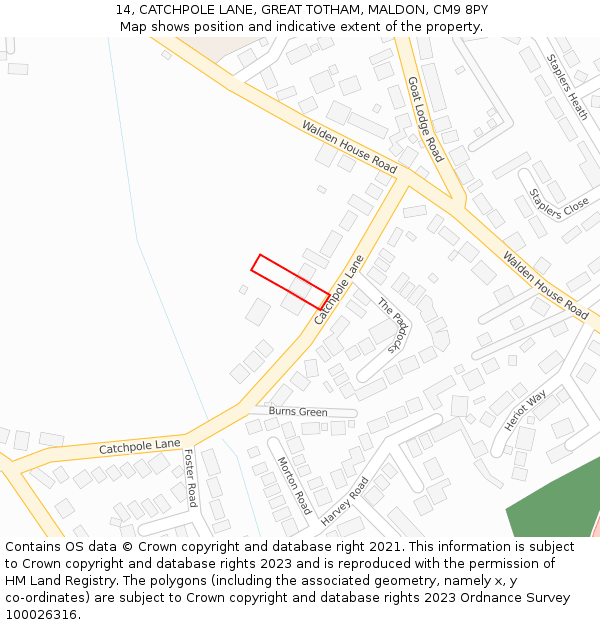 14, CATCHPOLE LANE, GREAT TOTHAM, MALDON, CM9 8PY: Location map and indicative extent of plot