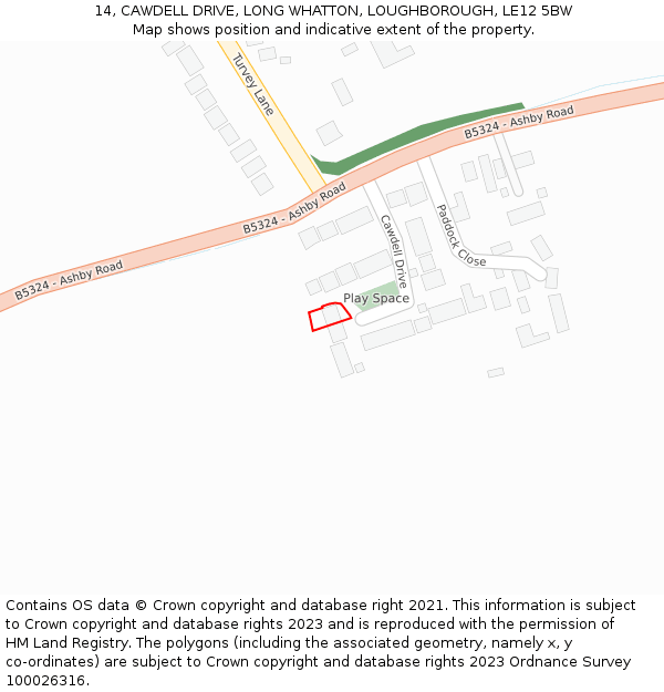 14, CAWDELL DRIVE, LONG WHATTON, LOUGHBOROUGH, LE12 5BW: Location map and indicative extent of plot