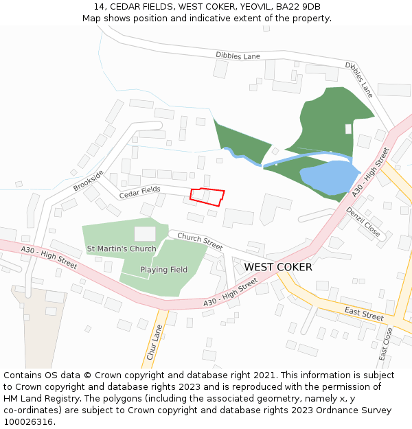 14, CEDAR FIELDS, WEST COKER, YEOVIL, BA22 9DB: Location map and indicative extent of plot