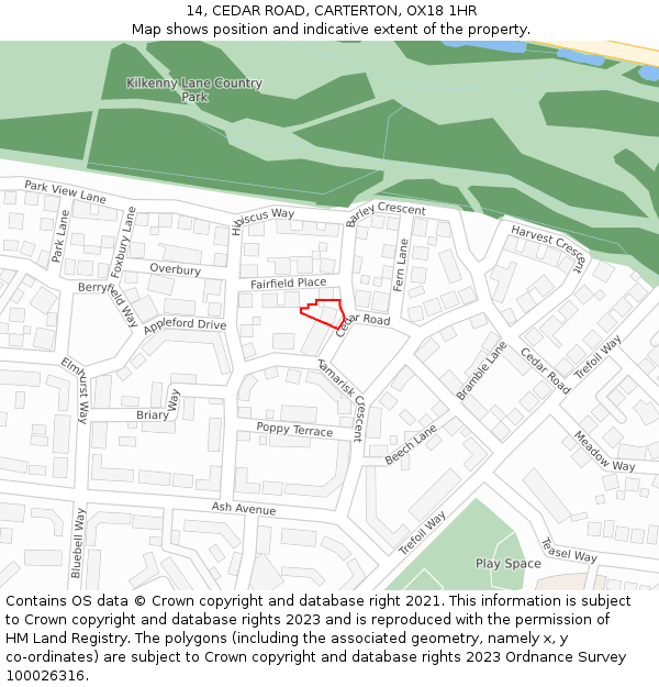 14, CEDAR ROAD, CARTERTON, OX18 1HR: Location map and indicative extent of plot