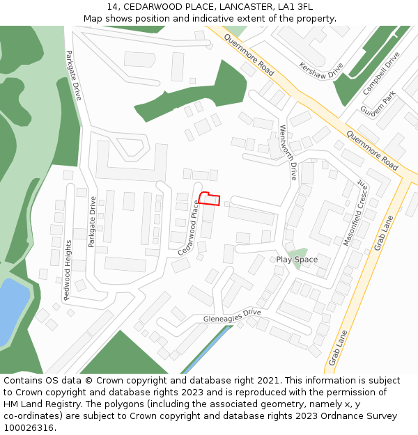 14, CEDARWOOD PLACE, LANCASTER, LA1 3FL: Location map and indicative extent of plot