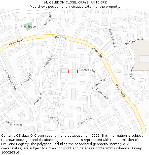 14, CELEDON CLOSE, GRAYS, RM16 6PZ: Location map and indicative extent of plot