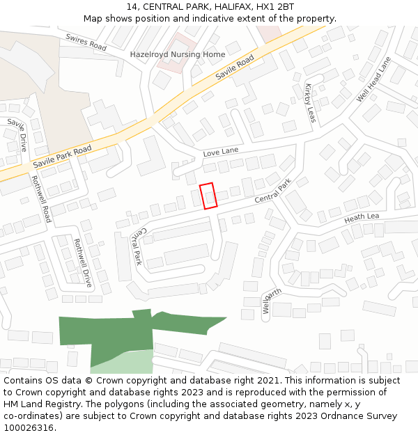 14, CENTRAL PARK, HALIFAX, HX1 2BT: Location map and indicative extent of plot