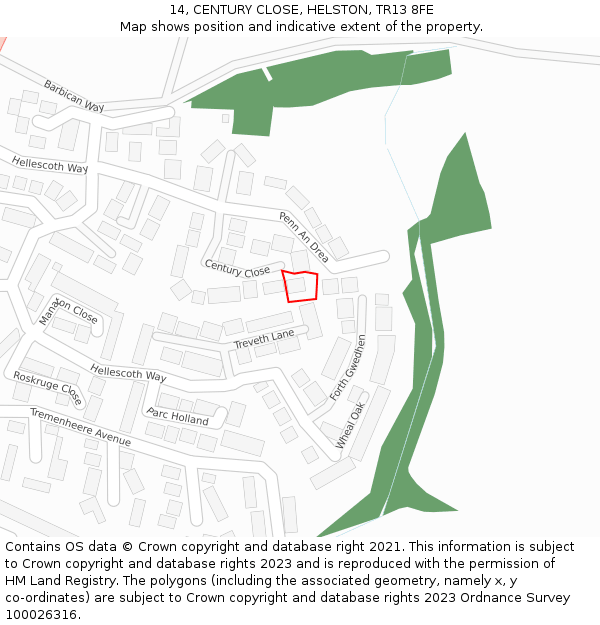 14, CENTURY CLOSE, HELSTON, TR13 8FE: Location map and indicative extent of plot