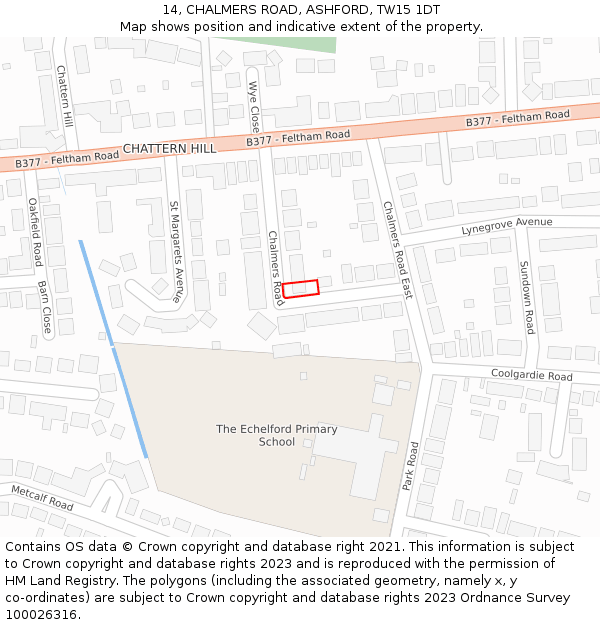 14, CHALMERS ROAD, ASHFORD, TW15 1DT: Location map and indicative extent of plot