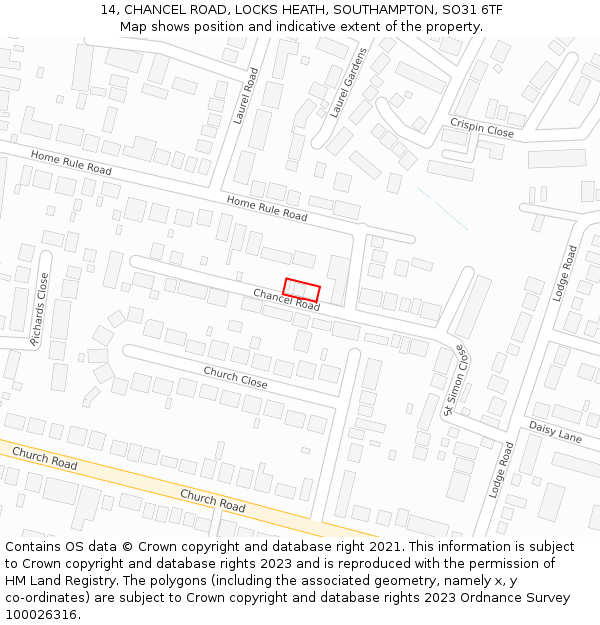 14, CHANCEL ROAD, LOCKS HEATH, SOUTHAMPTON, SO31 6TF: Location map and indicative extent of plot