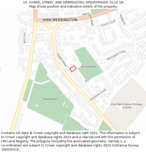 14, CHAPEL STREET, KIRK MERRINGTON, SPENNYMOOR, DL16 7JA: Location map and indicative extent of plot