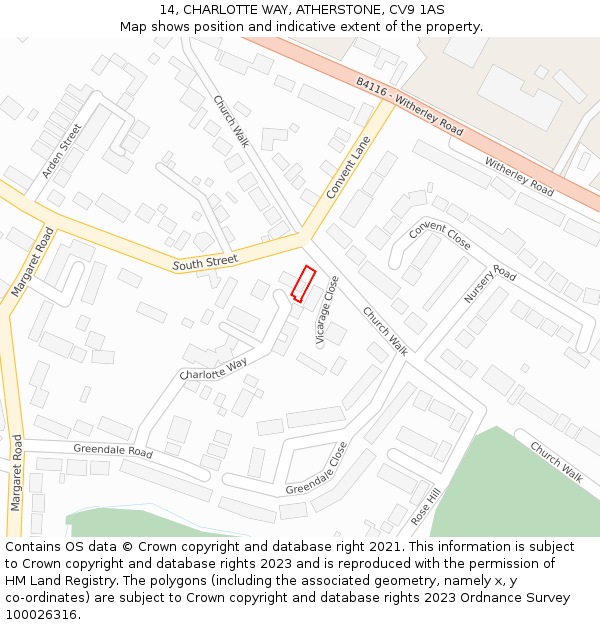 14, CHARLOTTE WAY, ATHERSTONE, CV9 1AS: Location map and indicative extent of plot