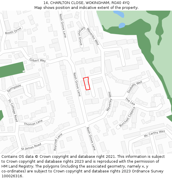 14, CHARLTON CLOSE, WOKINGHAM, RG40 4YQ: Location map and indicative extent of plot