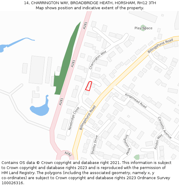 14, CHARRINGTON WAY, BROADBRIDGE HEATH, HORSHAM, RH12 3TH: Location map and indicative extent of plot