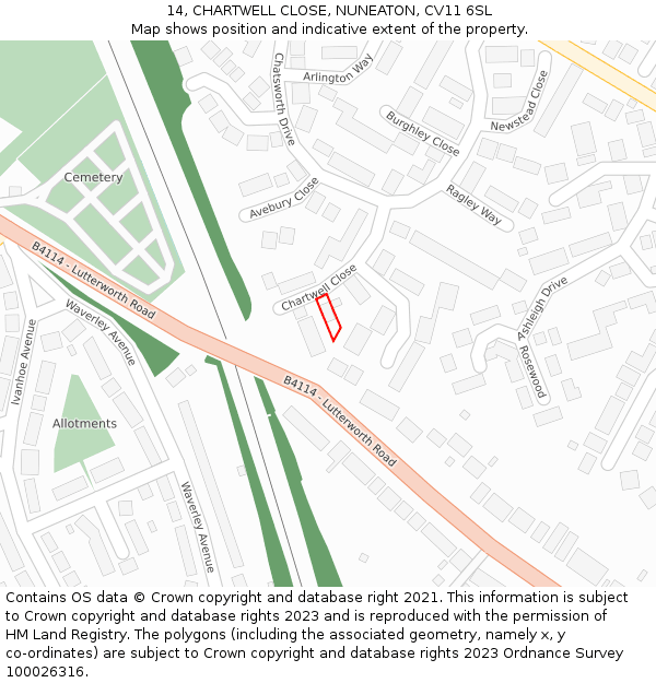 14, CHARTWELL CLOSE, NUNEATON, CV11 6SL: Location map and indicative extent of plot