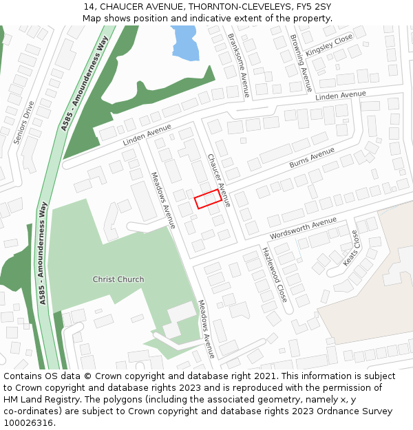 14, CHAUCER AVENUE, THORNTON-CLEVELEYS, FY5 2SY: Location map and indicative extent of plot
