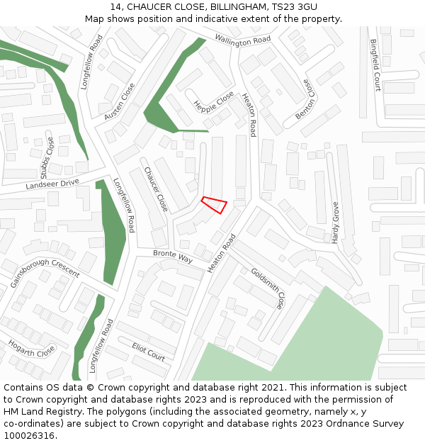 14, CHAUCER CLOSE, BILLINGHAM, TS23 3GU: Location map and indicative extent of plot