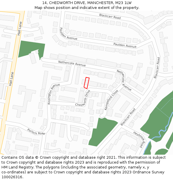 14, CHEDWORTH DRIVE, MANCHESTER, M23 1LW: Location map and indicative extent of plot