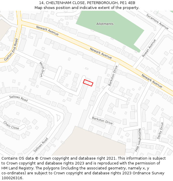 14, CHELTENHAM CLOSE, PETERBOROUGH, PE1 4EB: Location map and indicative extent of plot