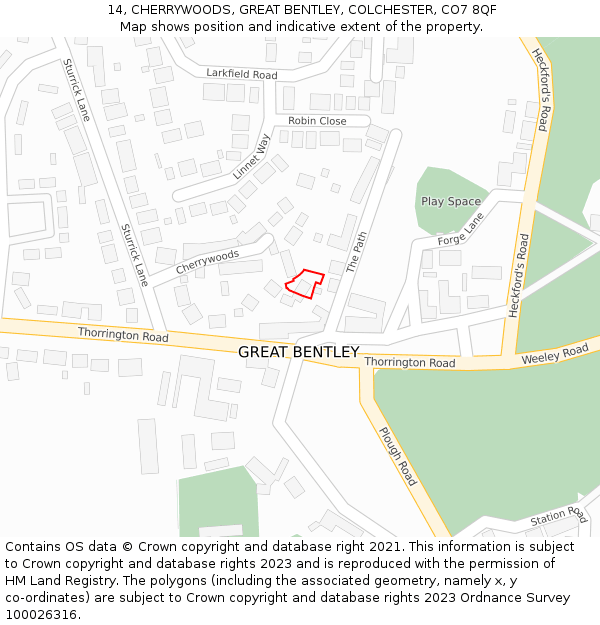 14, CHERRYWOODS, GREAT BENTLEY, COLCHESTER, CO7 8QF: Location map and indicative extent of plot