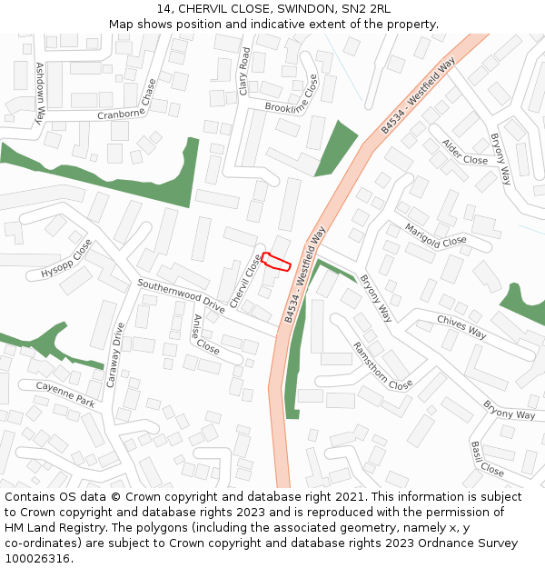 14, CHERVIL CLOSE, SWINDON, SN2 2RL: Location map and indicative extent of plot
