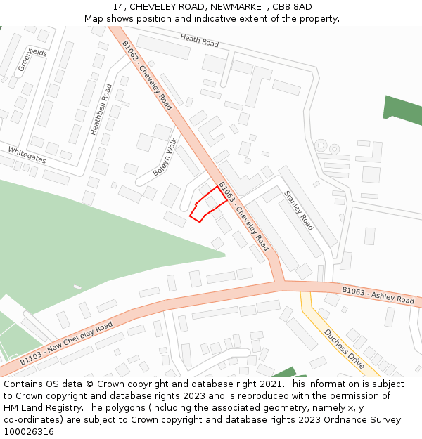 14, CHEVELEY ROAD, NEWMARKET, CB8 8AD: Location map and indicative extent of plot