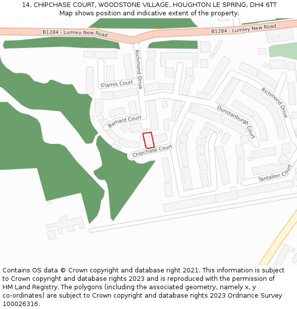 14, CHIPCHASE COURT, WOODSTONE VILLAGE, HOUGHTON LE SPRING, DH4 6TT: Location map and indicative extent of plot