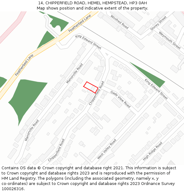 14, CHIPPERFIELD ROAD, HEMEL HEMPSTEAD, HP3 0AH: Location map and indicative extent of plot