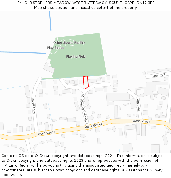 14, CHRISTOPHERS MEADOW, WEST BUTTERWICK, SCUNTHORPE, DN17 3BF: Location map and indicative extent of plot