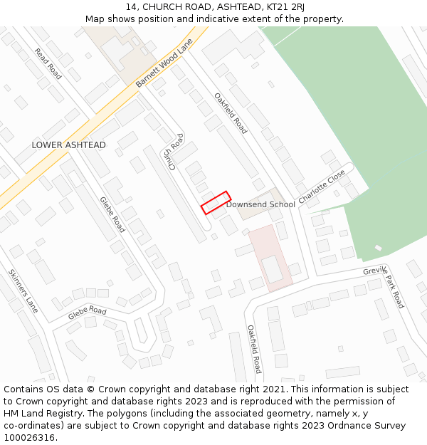 14, CHURCH ROAD, ASHTEAD, KT21 2RJ: Location map and indicative extent of plot