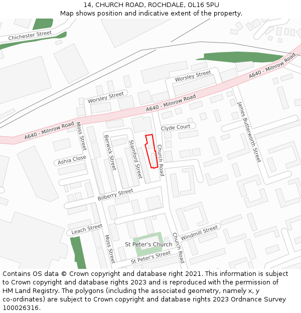 14, CHURCH ROAD, ROCHDALE, OL16 5PU: Location map and indicative extent of plot