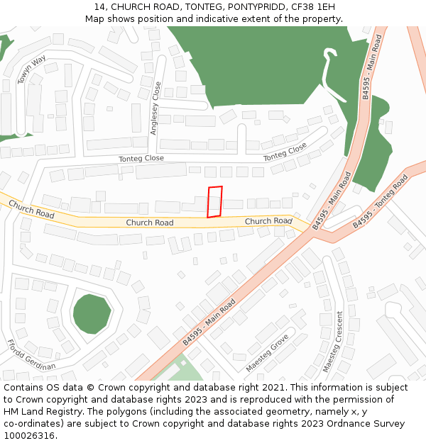 14, CHURCH ROAD, TONTEG, PONTYPRIDD, CF38 1EH: Location map and indicative extent of plot