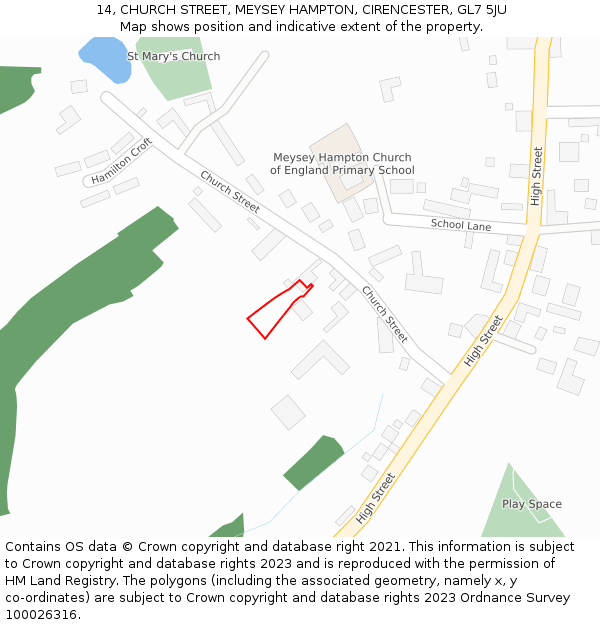 14, CHURCH STREET, MEYSEY HAMPTON, CIRENCESTER, GL7 5JU: Location map and indicative extent of plot