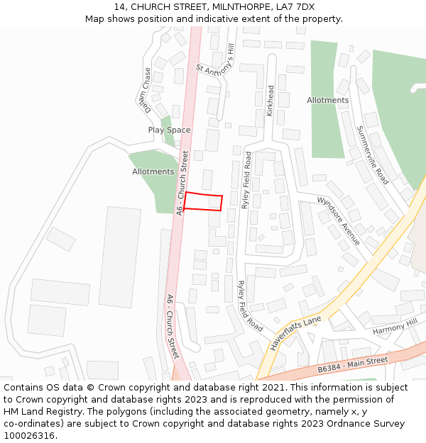 14, CHURCH STREET, MILNTHORPE, LA7 7DX: Location map and indicative extent of plot