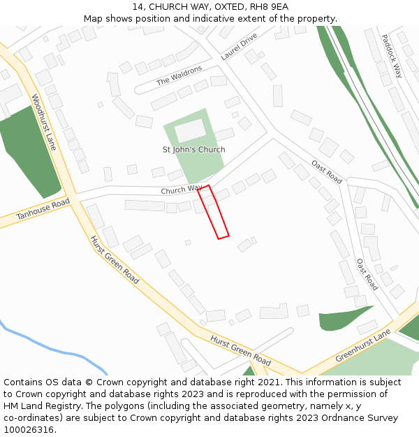 14, CHURCH WAY, OXTED, RH8 9EA: Location map and indicative extent of plot
