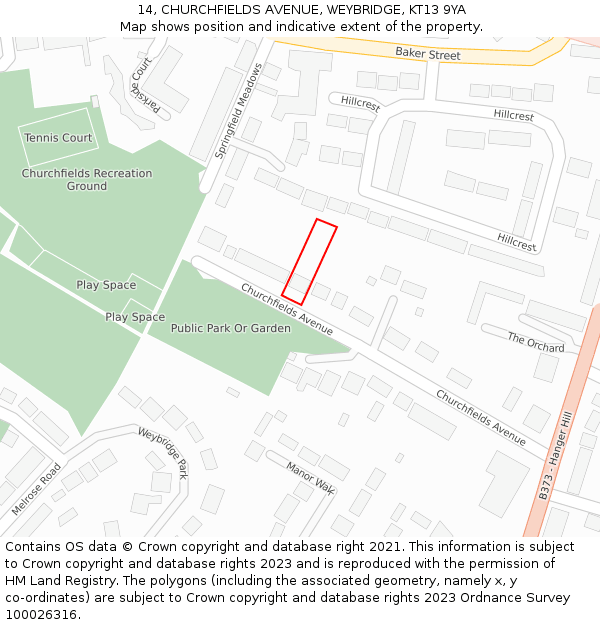14, CHURCHFIELDS AVENUE, WEYBRIDGE, KT13 9YA: Location map and indicative extent of plot