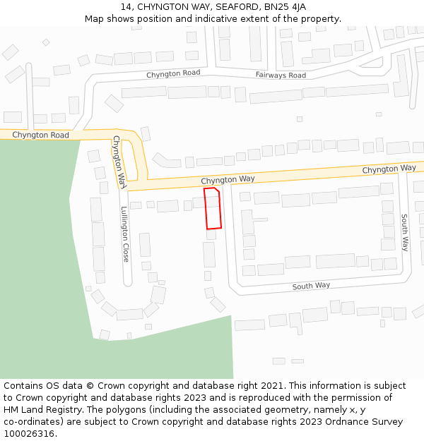 14, CHYNGTON WAY, SEAFORD, BN25 4JA: Location map and indicative extent of plot