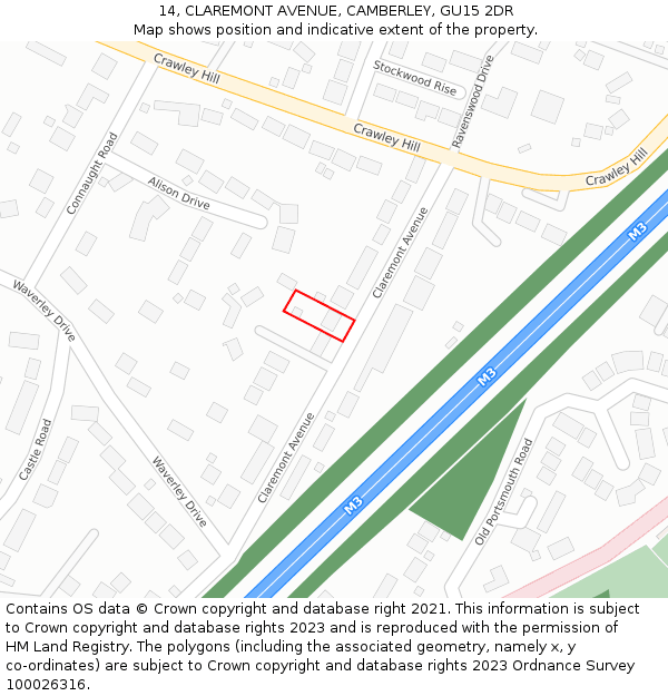 14, CLAREMONT AVENUE, CAMBERLEY, GU15 2DR: Location map and indicative extent of plot