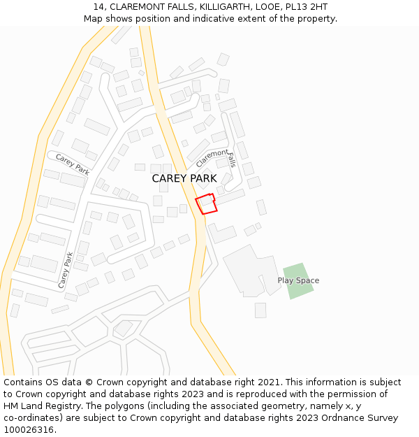 14, CLAREMONT FALLS, KILLIGARTH, LOOE, PL13 2HT: Location map and indicative extent of plot