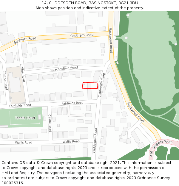 14, CLIDDESDEN ROAD, BASINGSTOKE, RG21 3DU: Location map and indicative extent of plot