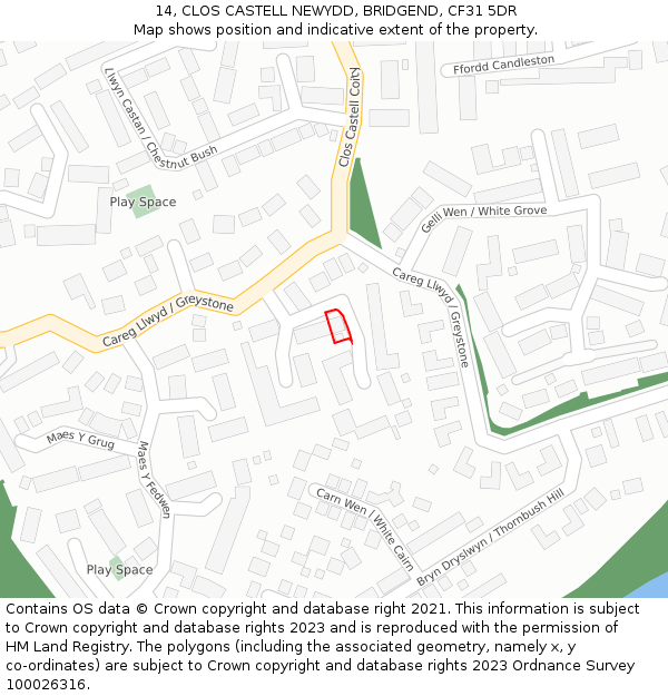 14, CLOS CASTELL NEWYDD, BRIDGEND, CF31 5DR: Location map and indicative extent of plot