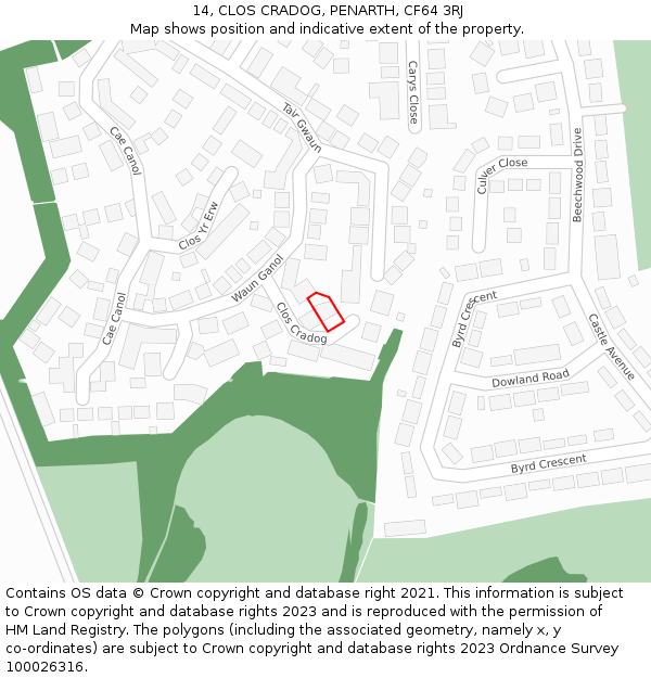 14, CLOS CRADOG, PENARTH, CF64 3RJ: Location map and indicative extent of plot