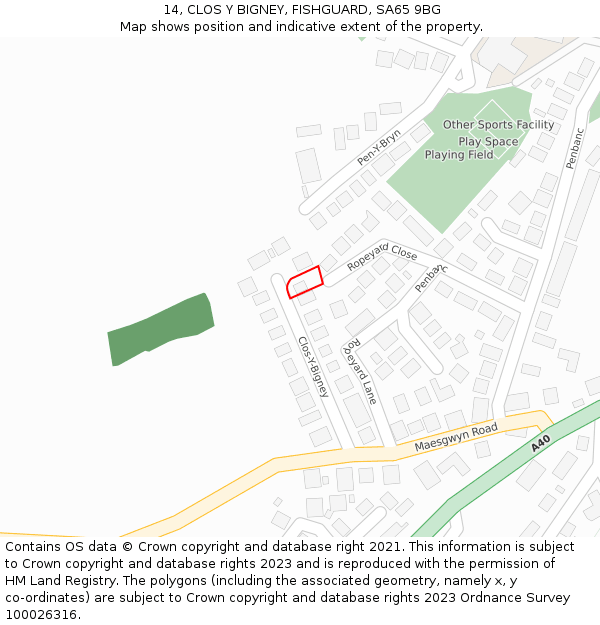 14, CLOS Y BIGNEY, FISHGUARD, SA65 9BG: Location map and indicative extent of plot