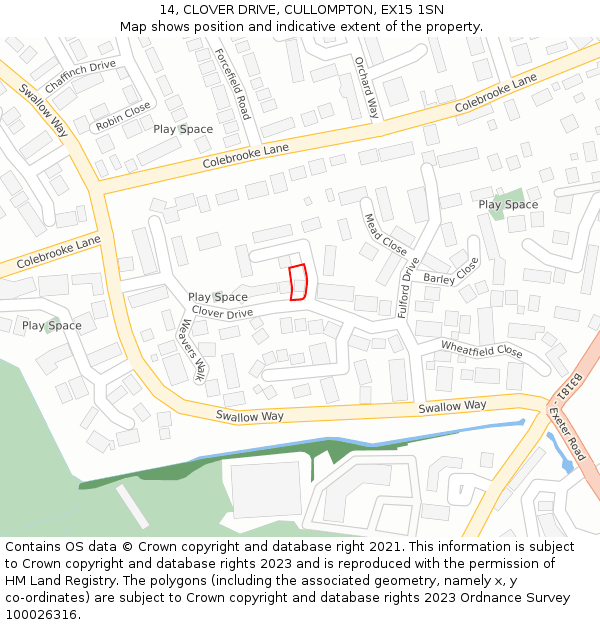 14, CLOVER DRIVE, CULLOMPTON, EX15 1SN: Location map and indicative extent of plot