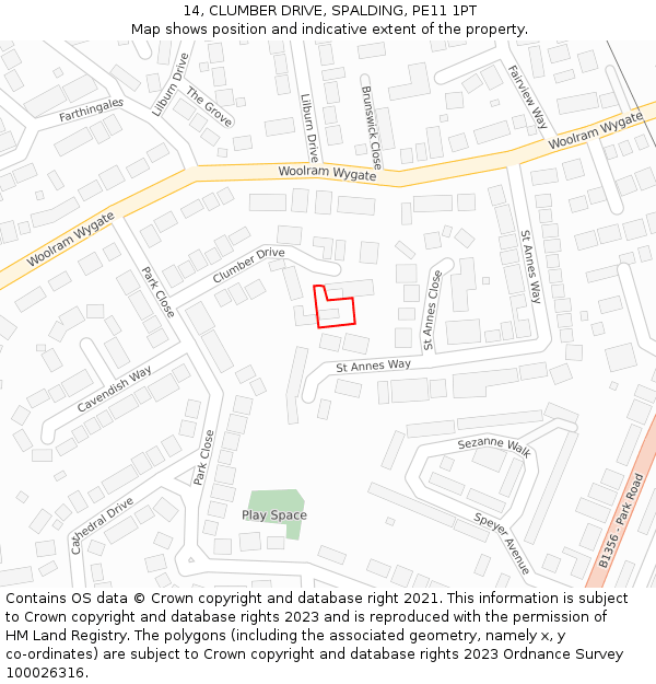 14, CLUMBER DRIVE, SPALDING, PE11 1PT: Location map and indicative extent of plot