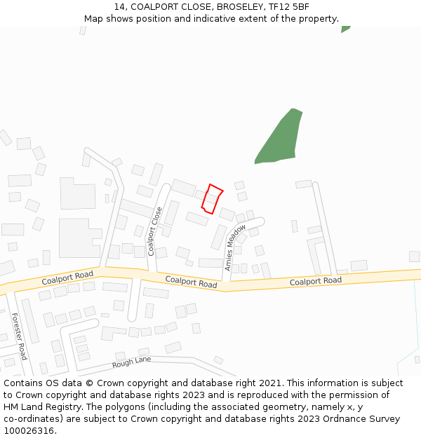 14, COALPORT CLOSE, BROSELEY, TF12 5BF: Location map and indicative extent of plot