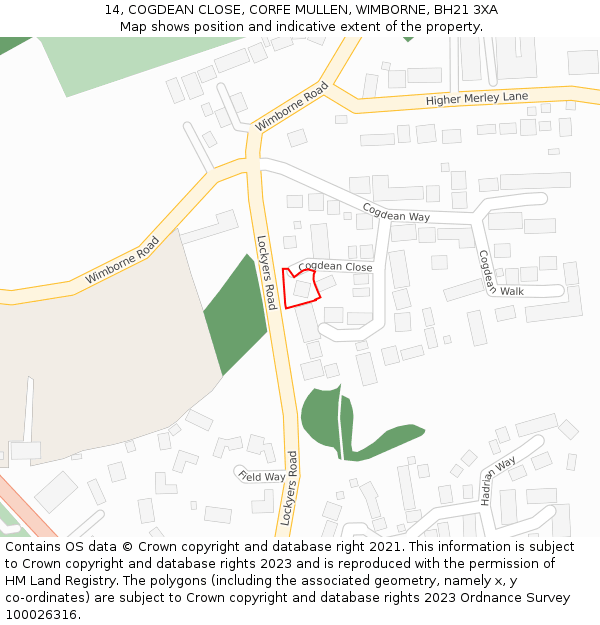 14, COGDEAN CLOSE, CORFE MULLEN, WIMBORNE, BH21 3XA: Location map and indicative extent of plot