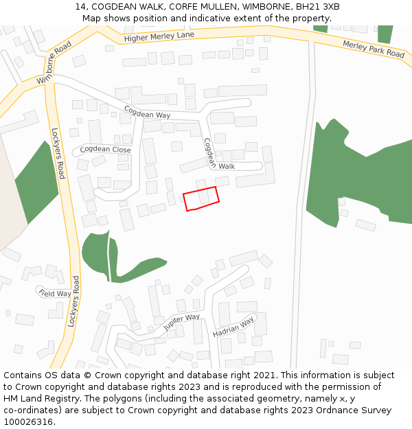 14, COGDEAN WALK, CORFE MULLEN, WIMBORNE, BH21 3XB: Location map and indicative extent of plot