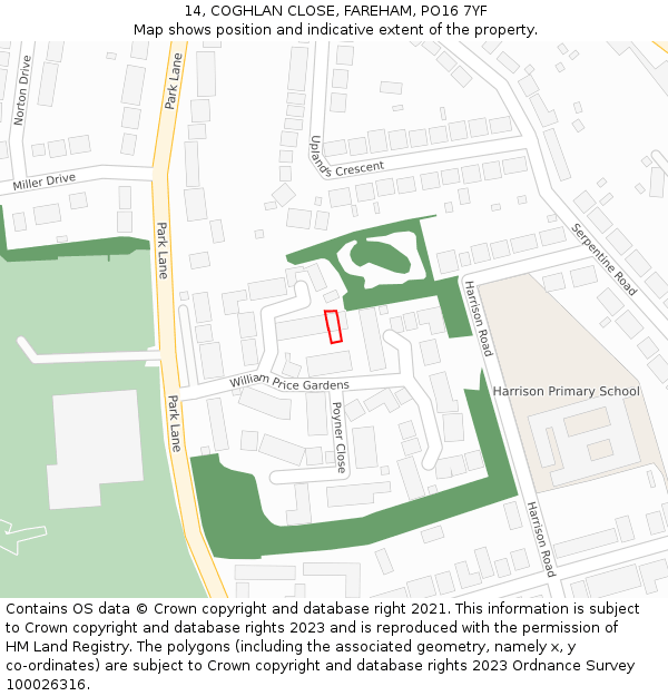 14, COGHLAN CLOSE, FAREHAM, PO16 7YF: Location map and indicative extent of plot