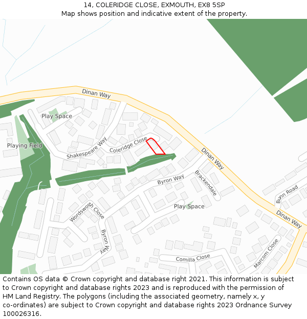 14, COLERIDGE CLOSE, EXMOUTH, EX8 5SP: Location map and indicative extent of plot