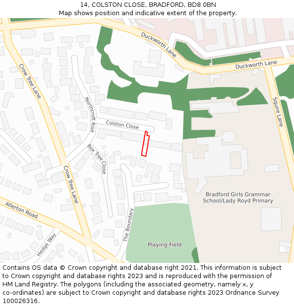 14, COLSTON CLOSE, BRADFORD, BD8 0BN: Location map and indicative extent of plot