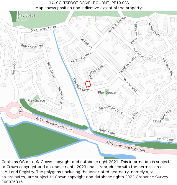 14, COLTSFOOT DRIVE, BOURNE, PE10 0FA: Location map and indicative extent of plot