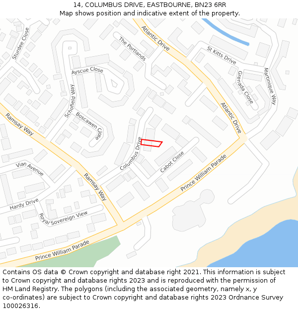 14, COLUMBUS DRIVE, EASTBOURNE, BN23 6RR: Location map and indicative extent of plot